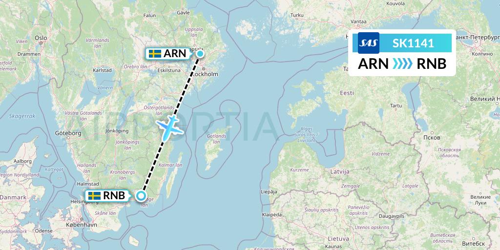 SK1141 SAS Flight Map: Stockholm to Ronneby