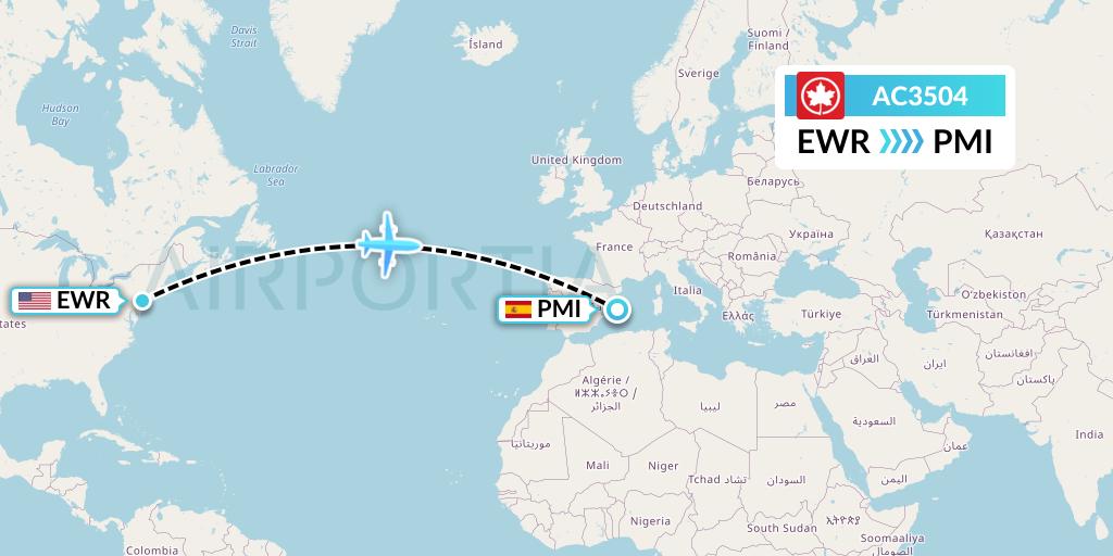 AC3504 Air Canada Flight Map: New York to Palma de Mallorca