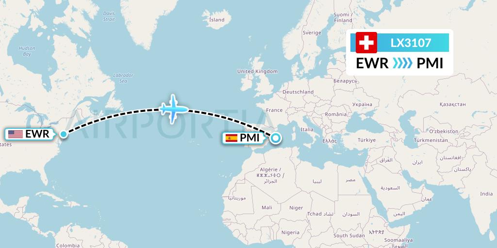 LX3107 Swiss Flight Map: New York to Palma de Mallorca
