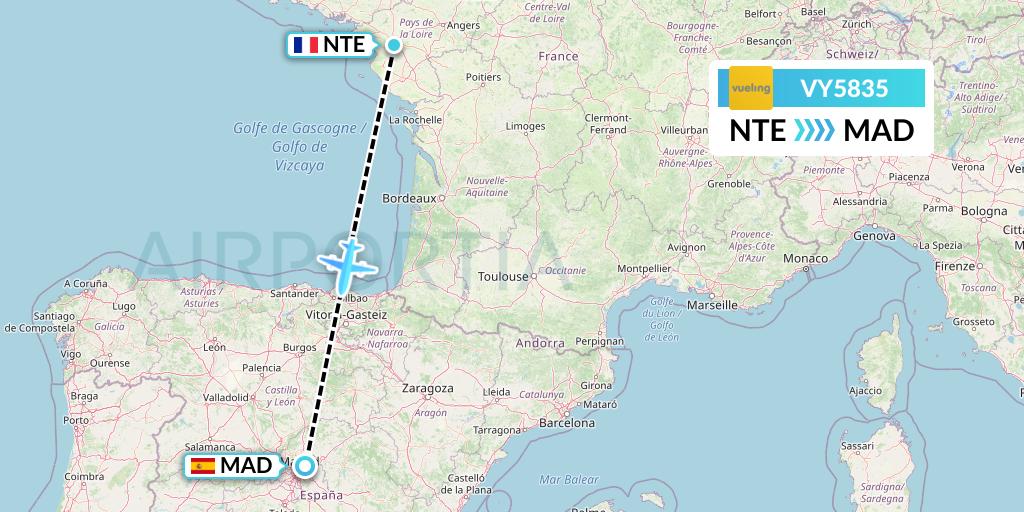 VY5835 Vueling Flight Map: Nantes to Madrid