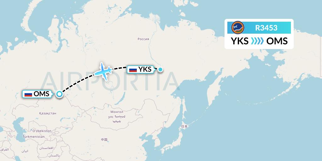 R3453 Yakutia Airlines Flight Map: Yakutsk to Omsk