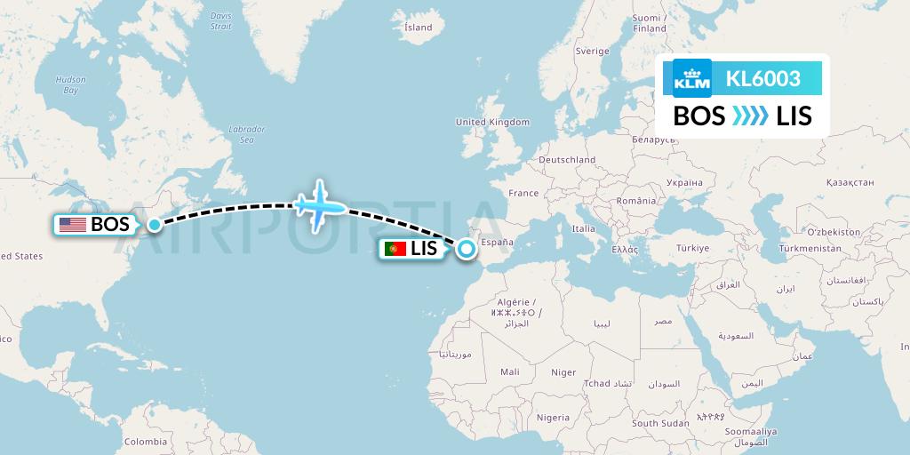 KL6003 KLM Flight Map: Boston to Lisbon