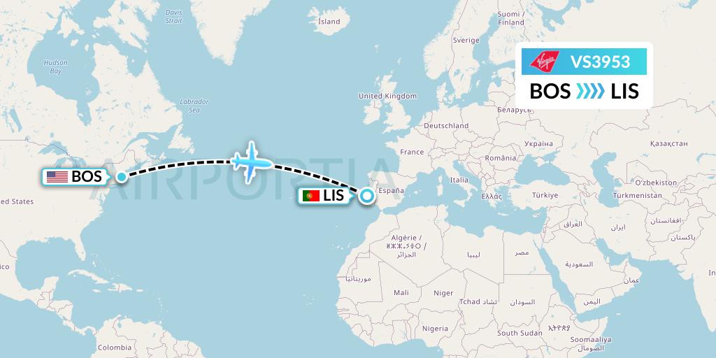 VS3953 Virgin Atlantic Airways Flight Map: Boston to Lisbon