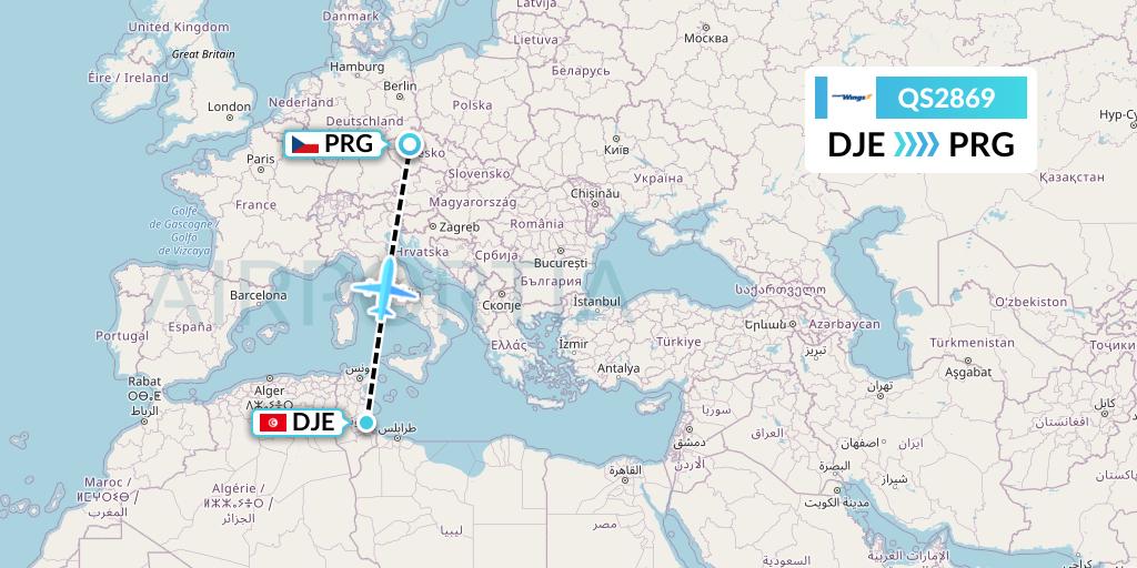 QS2869 Smartwings Flight Map: Djerba to Prague
