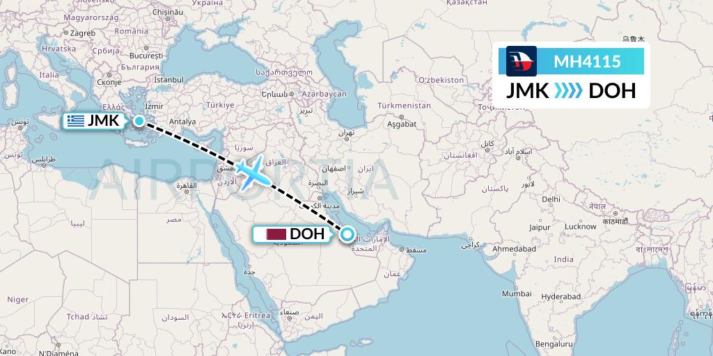 MH4115 Malaysia Airlines Flight Map: Mykonos to Doha