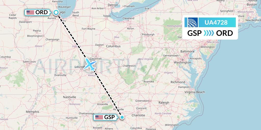 UA4728 United Airlines Flight Map: Greenville-Spartanburg to Chicago