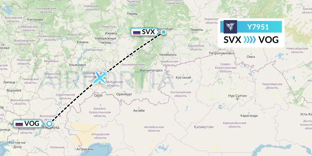 Y7951 NordStar Flight Map: Yekaterinburg to Volgograd