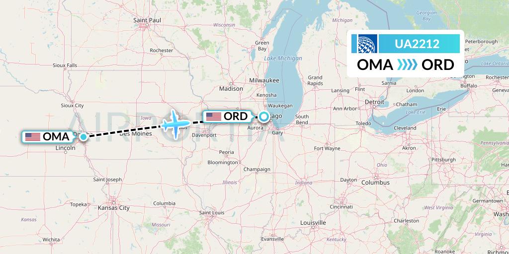 UA2212 United Airlines Flight Map: Omaha to Chicago