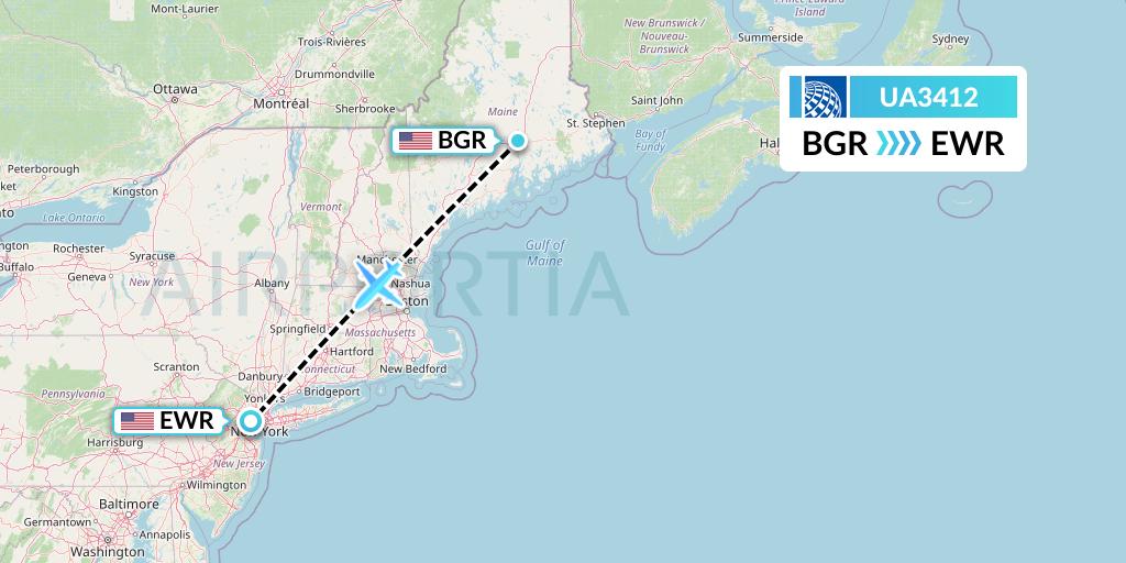 UA3412 United Airlines Flight Map: Bangor to New York