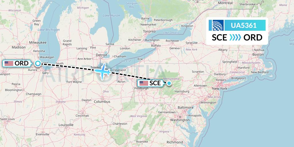 UA5361 United Airlines Flight Map: State College to Chicago