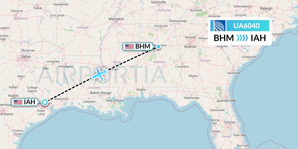 UA6040 United Airlines Flight Map: Birmingham to Houston