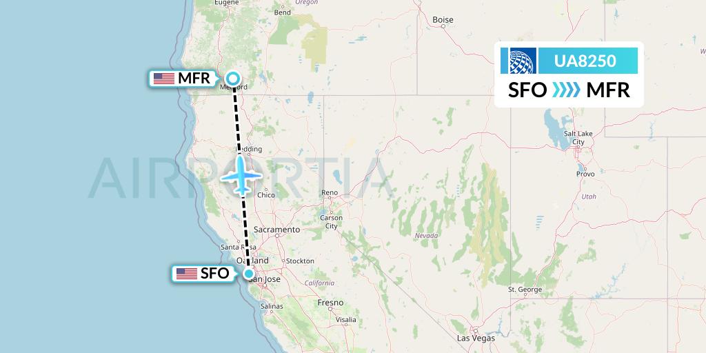 UA8250 United Airlines Flight Map: San Francisco to Medford