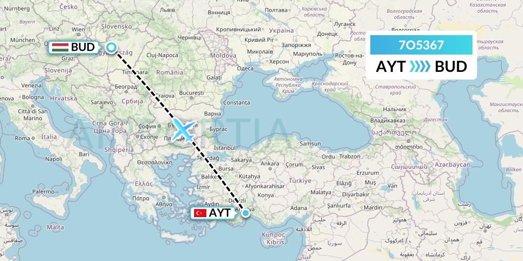 7O5367 Travel Service Hungary Flight Map: Antalya to Budapest