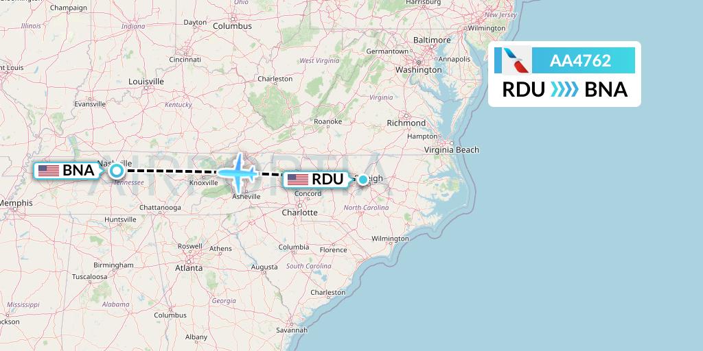 AA4762 American Airlines Flight Map: Raleigh-Durham to Nashville