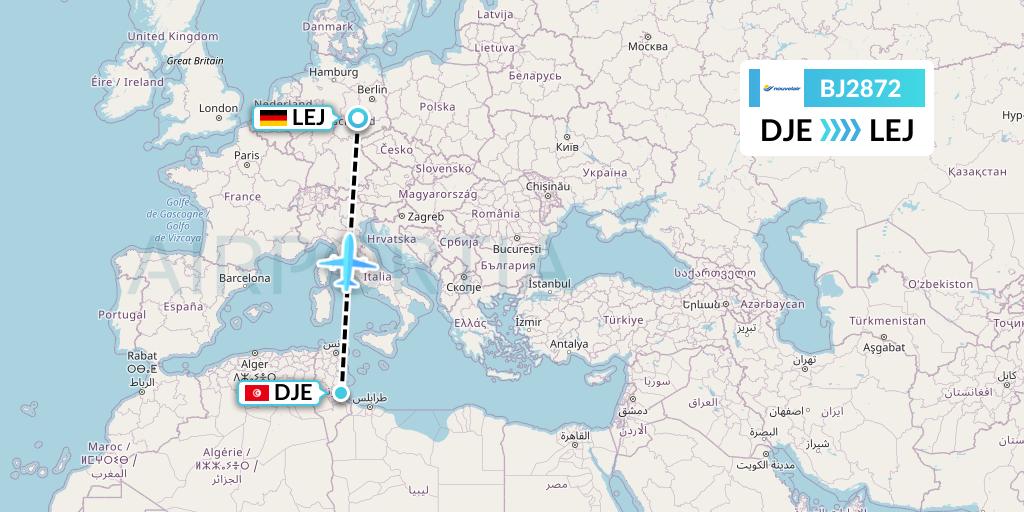 BJ2872 Nouvelair Tunisie Flight Map: Djerba to Leipzig