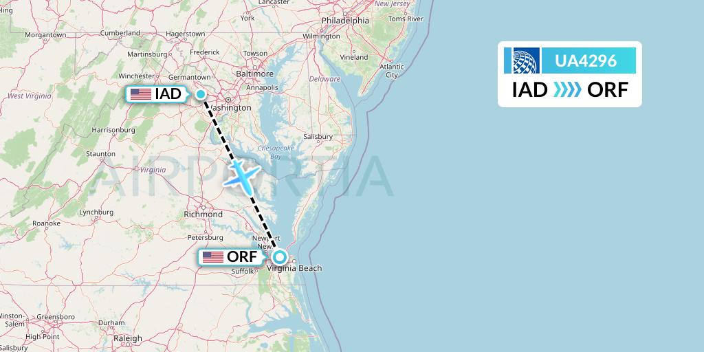 UA4296 United Airlines Flight Map: Washington to Norfolk