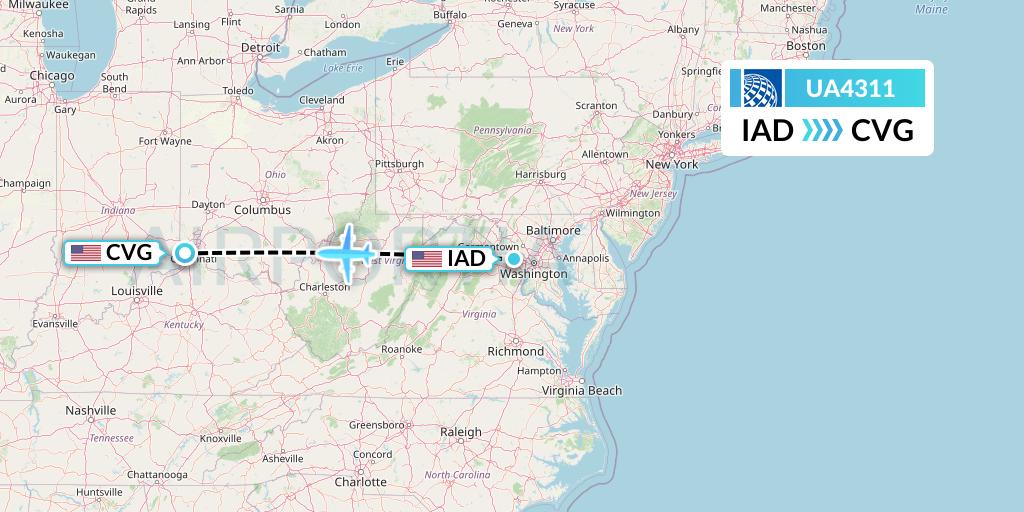 UA4311 United Airlines Flight Map: Washington to Cincinnati