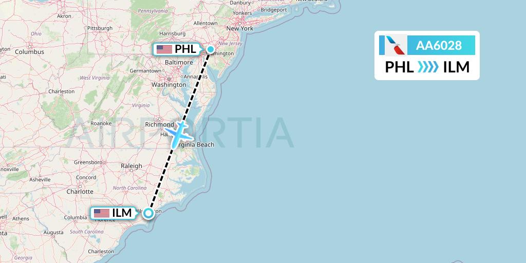 AA6028 American Airlines Flight Map: Philadelphia to Wilmington