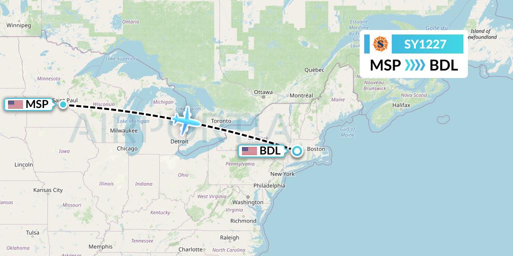 SY1227 Sun Country Airlines Flight Map: Minneapolis to Windsor Locks