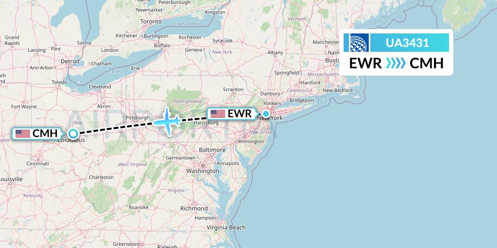 UA3431 United Airlines Flight Map: New York to Columbus