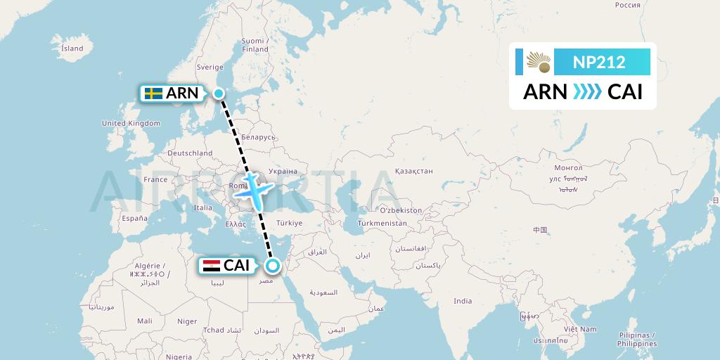 NP212 Nile Air Flight Map: Stockholm to Cairo