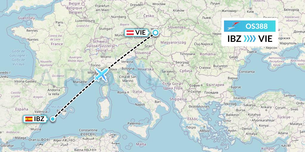 OS388 Austrian Airlines Flight Map: Ibiza to Vienna