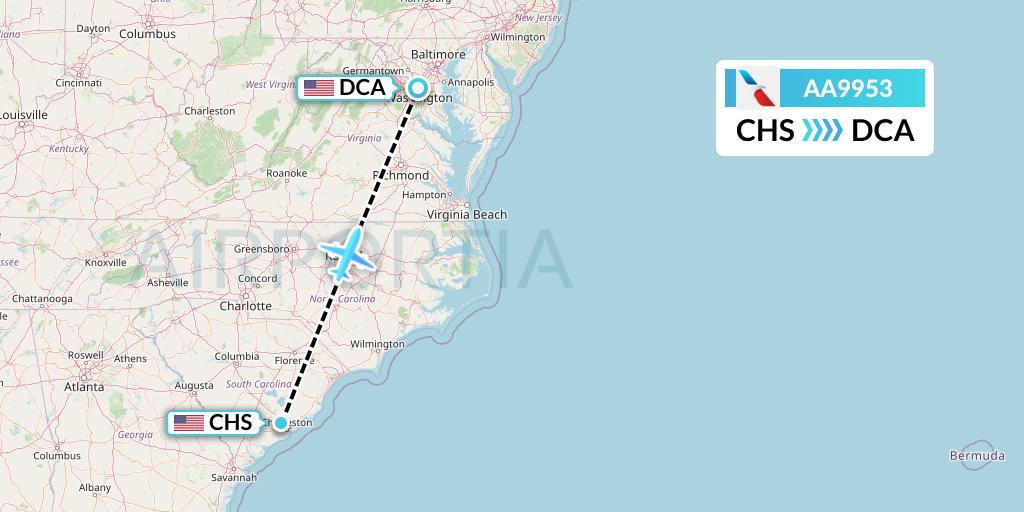 AA9953 American Airlines Flight Map: Charleston to Washington