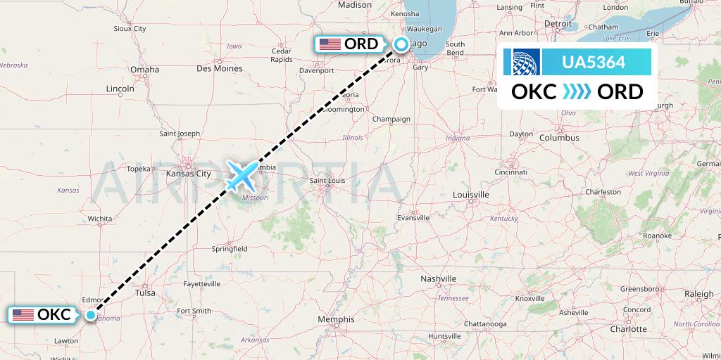 UA5364 United Airlines Flight Map: Oklahoma City to Chicago