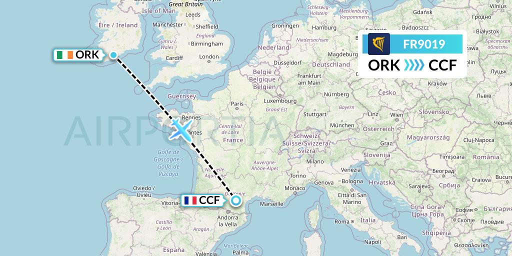 FR9019 Ryanair Flight Map: Cork to Carcassonne