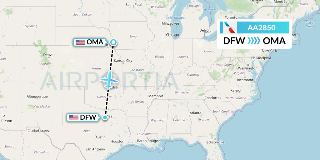 AA2850 American Airlines Flight Map: Dallas to Omaha