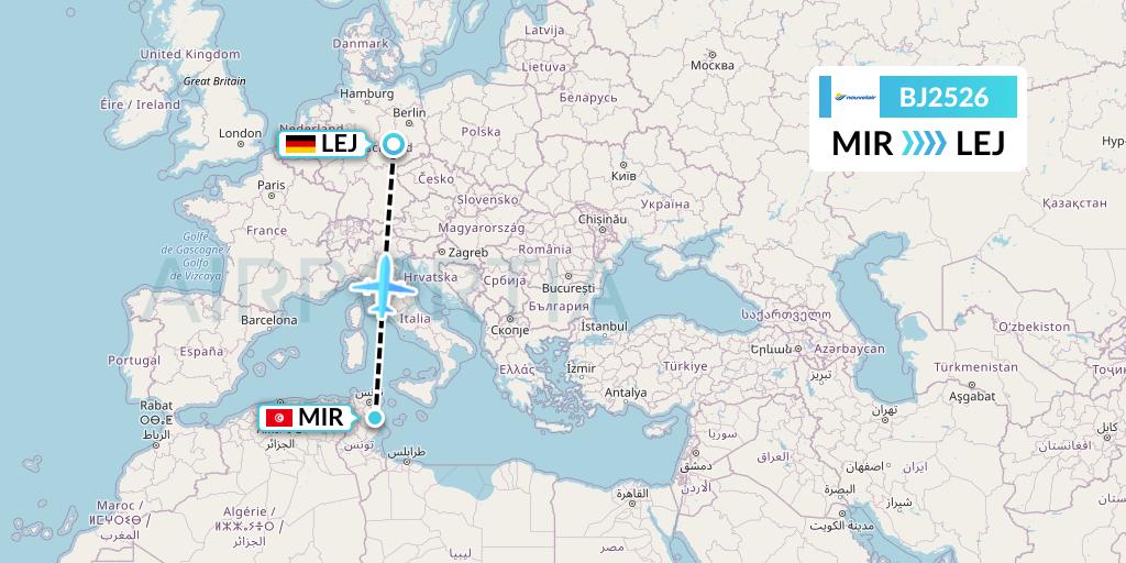 BJ2526 Nouvelair Tunisie Flight Map: Monastir to Leipzig