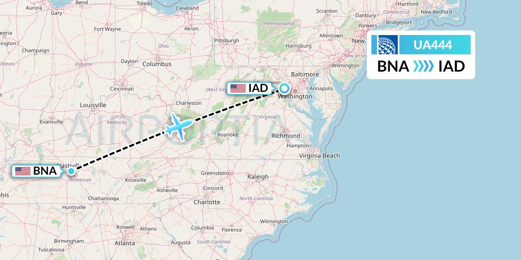 UA444 United Airlines Flight Map: Nashville to Washington
