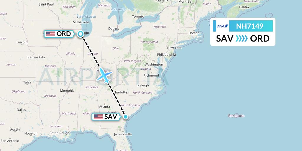 NH7149 All Nippon Airways Flight Map: Savannah to Chicago