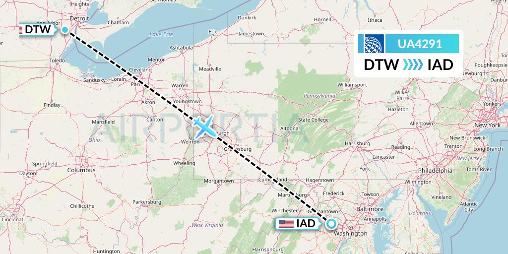 UA4291 United Airlines Flight Map: Detroit to Washington