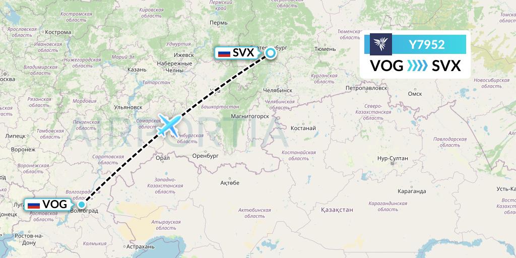 Y7952 NordStar Flight Map: Volgograd to Yekaterinburg