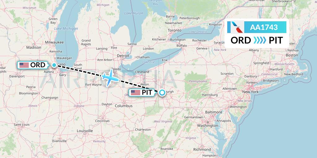 AA1743 American Airlines Flight Map: Chicago to Pittsburgh
