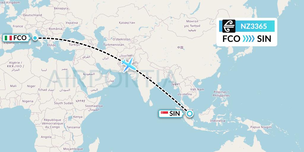 NZ3365 Air New Zealand Flight Map: Rome to Singapore