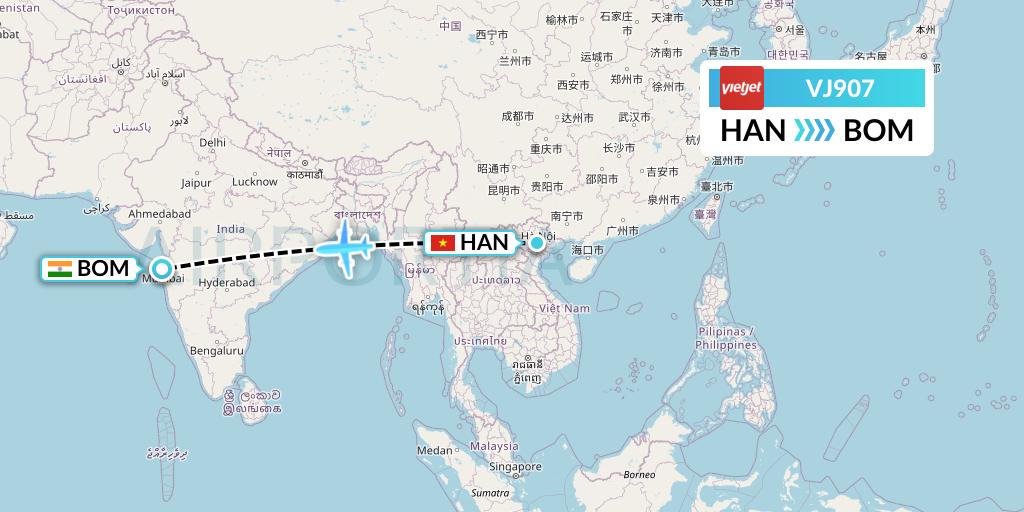VJ907 VietJet Air Flight Map: Hanoi to Mumbai