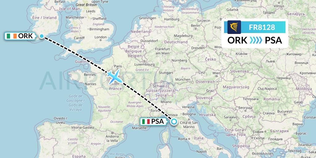 FR8128 Ryanair Flight Map: Cork to Pisa