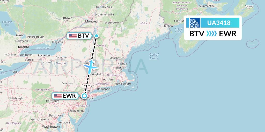 UA3418 United Airlines Flight Map: Burlington to New York