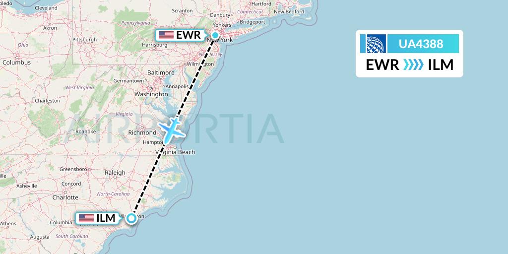 UA4388 United Airlines Flight Map: New York to Wilmington
