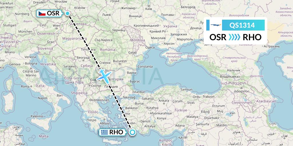 QS1314 Smartwings Flight Map: Ostrava to Rhodes