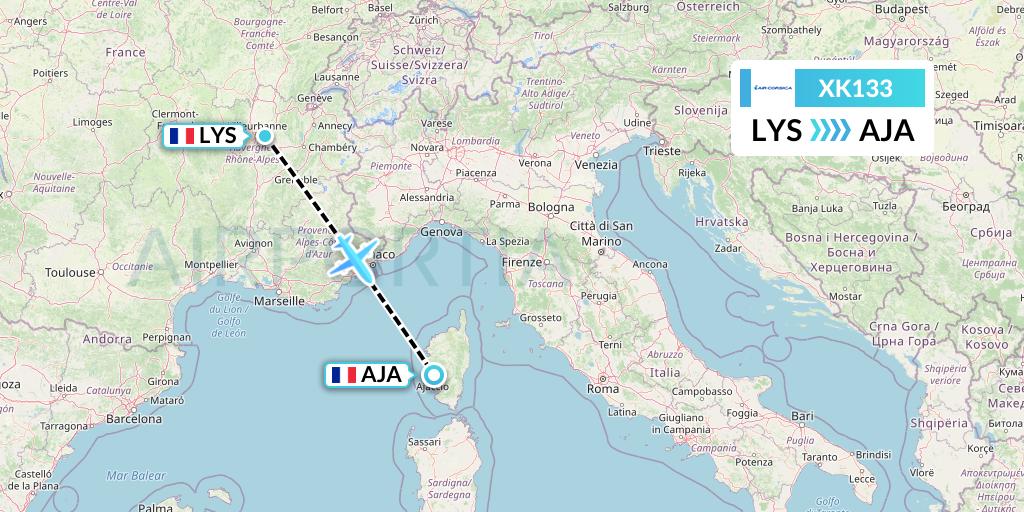 XK133 Air Corsica Flight Map: Lyon to Ajaccio
