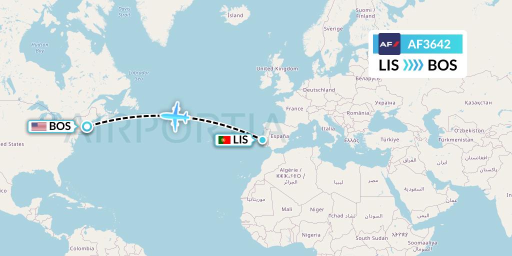 AF3642 Air France Flight Map: Lisbon to Boston