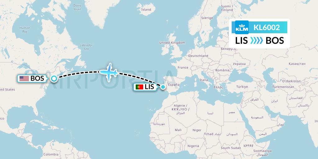 KL6002 KLM Flight Map: Lisbon to Boston