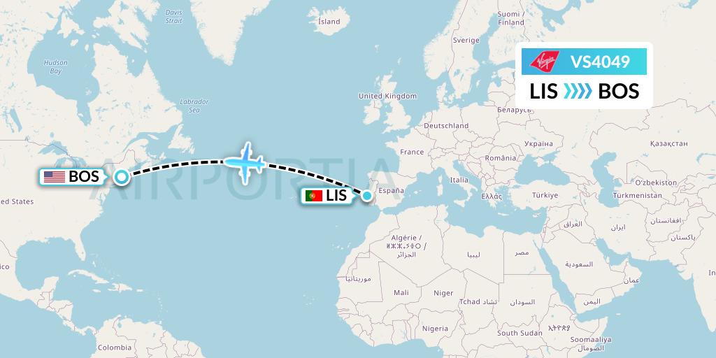 VS4049 Virgin Atlantic Airways Flight Map: Lisbon to Boston