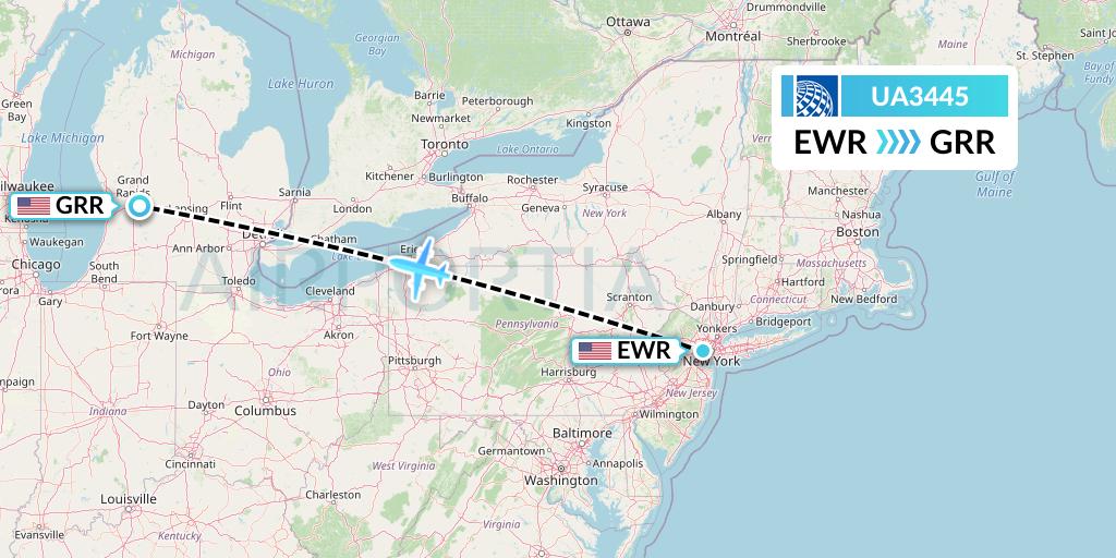UA3445 United Airlines Flight Map: New York to Grand Rapids