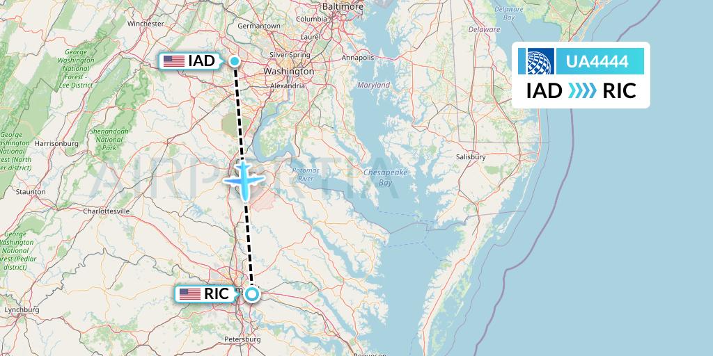 UA4444 United Airlines Flight Map: Washington to Richmond