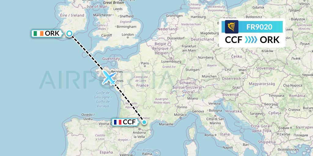 FR9020 Ryanair Flight Map: Carcassonne to Cork