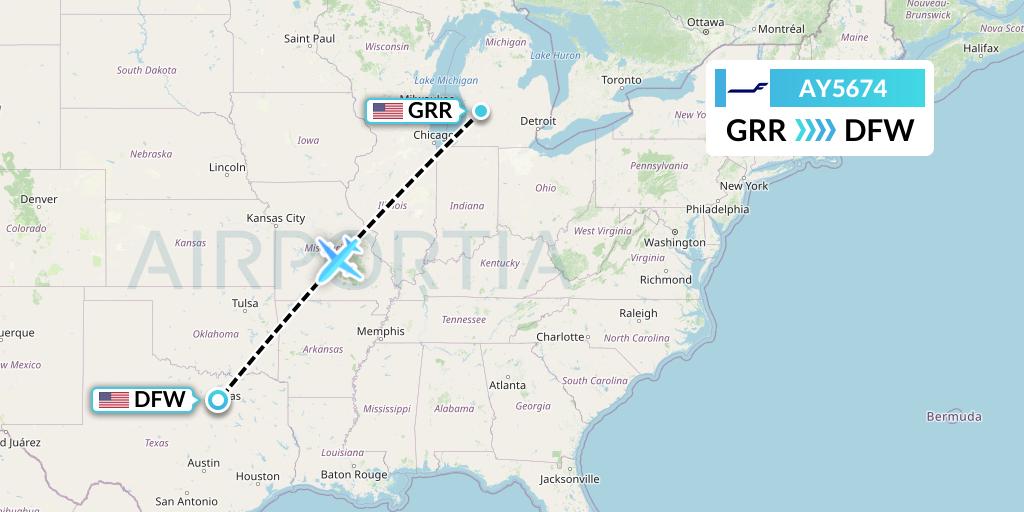 AY5674 Finnair Flight Map: Grand Rapids to Dallas